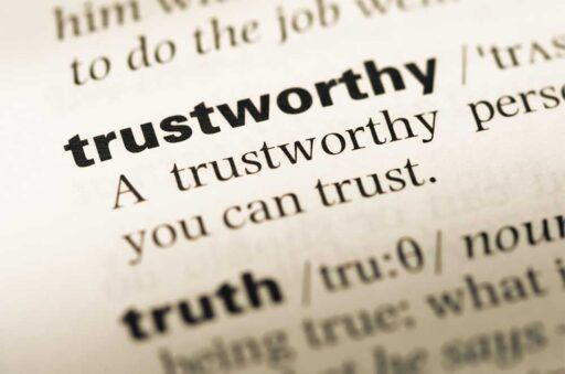 Dictionary definition of the word 'trustworthy' in bold text