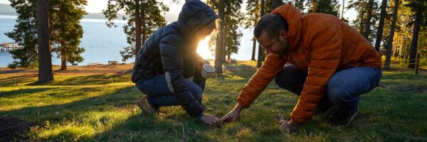 Two people kneeling on grass near a lakeside, working together as the sun sets through trees
